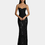 Black long evening dress with spaghetti straps and corset-style lace detailing