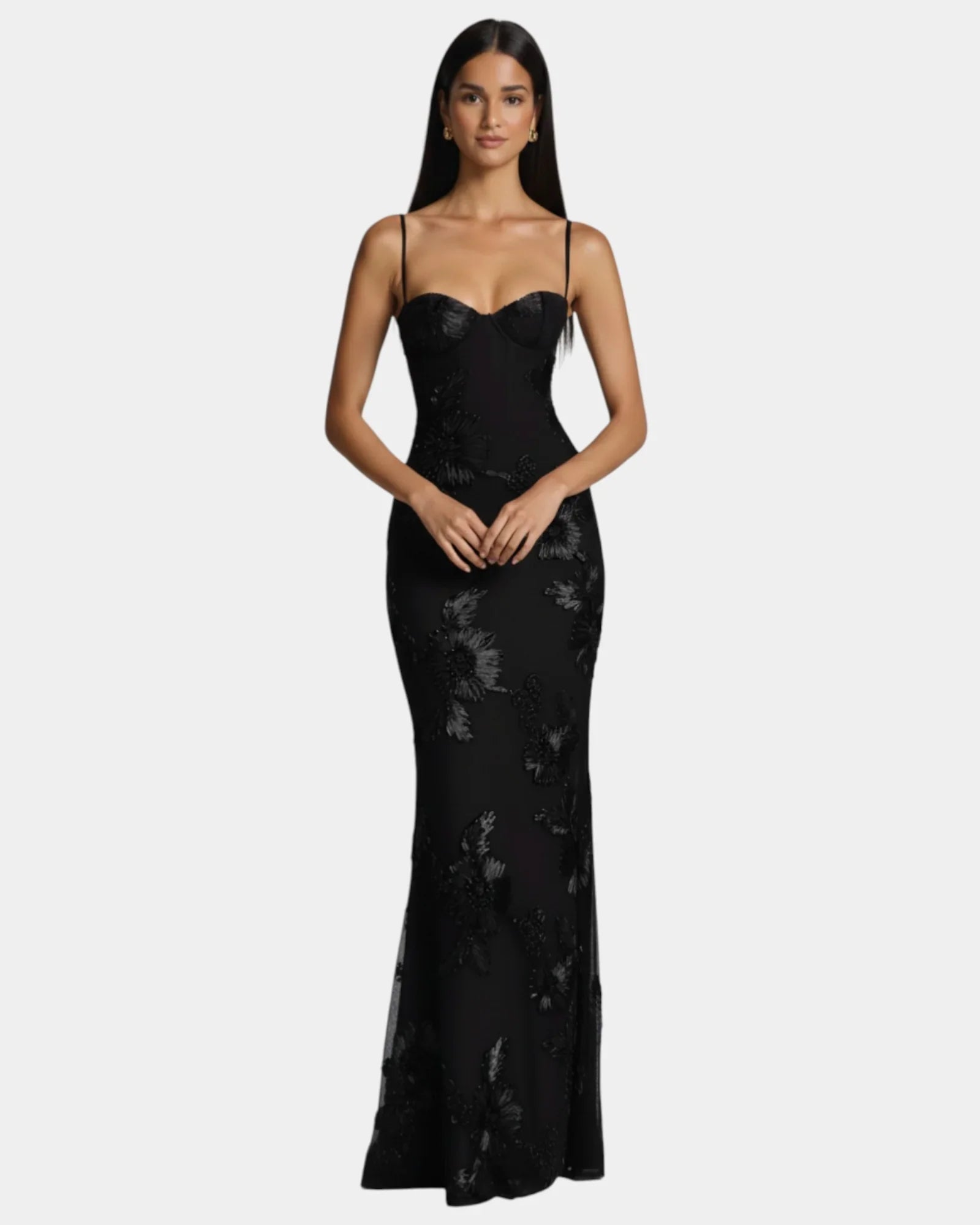 Black long evening dress with spaghetti straps and corset-style lace detailing