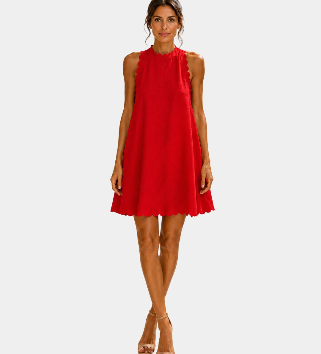 Red sleeveless short dress with high neck and scalloped hem