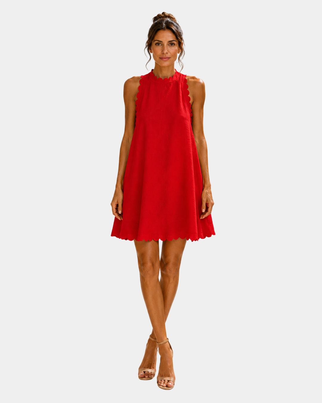 Red sleeveless short dress with high neck and scalloped hem