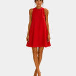 Red sleeveless short dress with high neck and scalloped hem