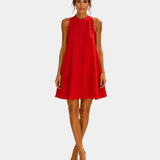 Red sleeveless short dress with high neck and scalloped hem