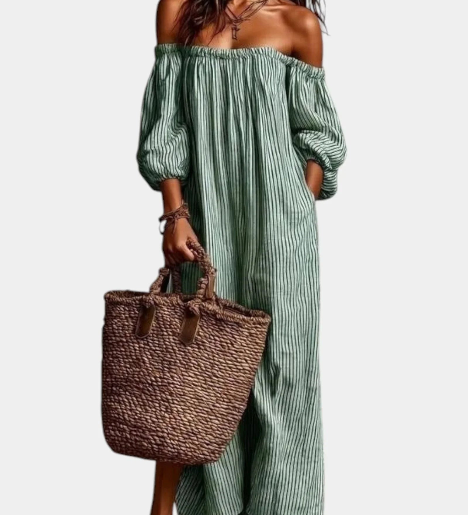 Green off-shoulder striped maxi dress with elastic neckline and long balloon sleeves.