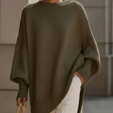 Oversized crewneck knit sweater, olive green, batwing sleeves with ribbed hem