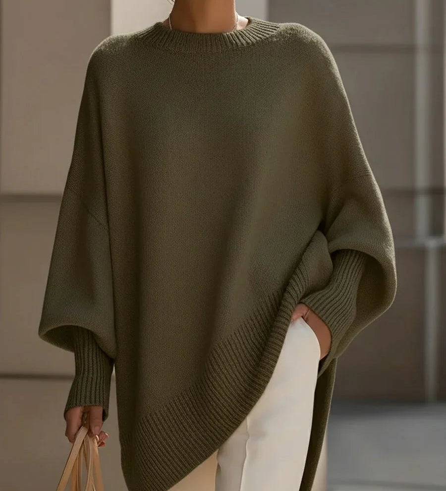Oversized crewneck knit sweater, olive green, batwing sleeves with ribbed hem
