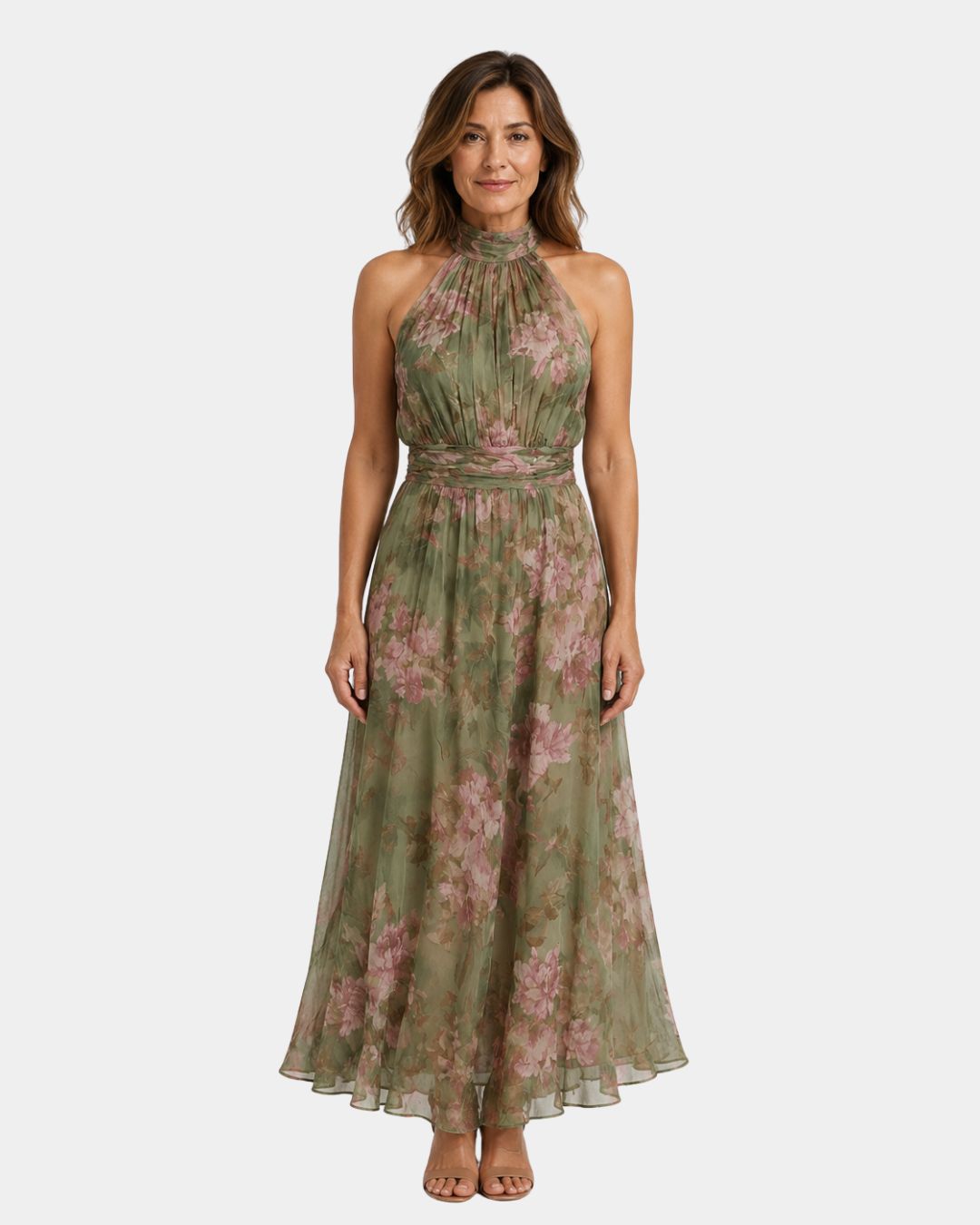 Maïa long floral halter dress in green and pink with a flowing skirt