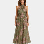 Maïa long floral halter dress in green and pink with a flowing skirt