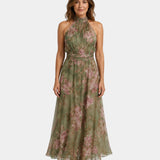 Maïa long floral halter dress in green and pink with a flowing skirt