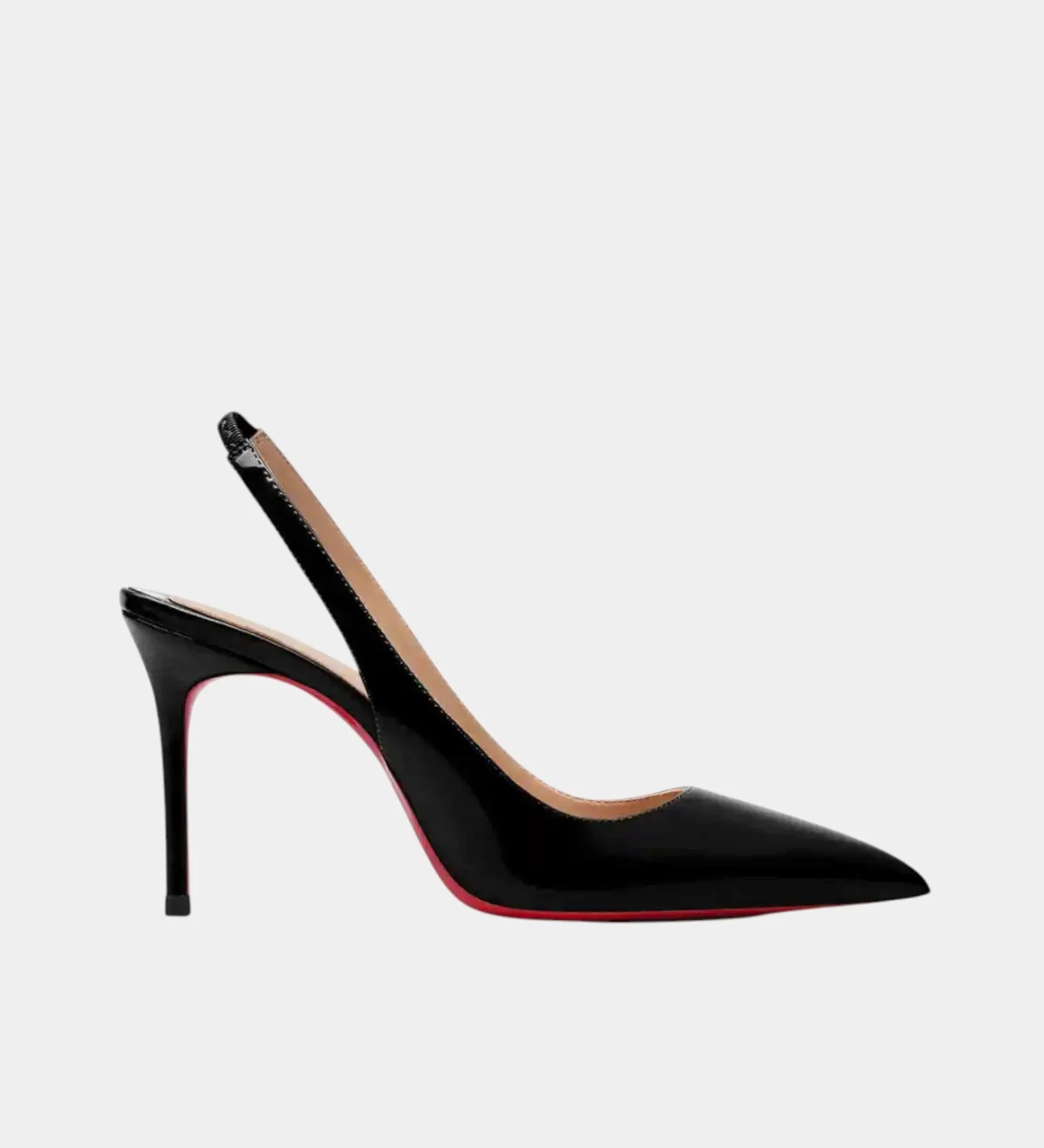 Shiny black pointed-toe slingback heels with high stiletto heel and visible red sole edge
