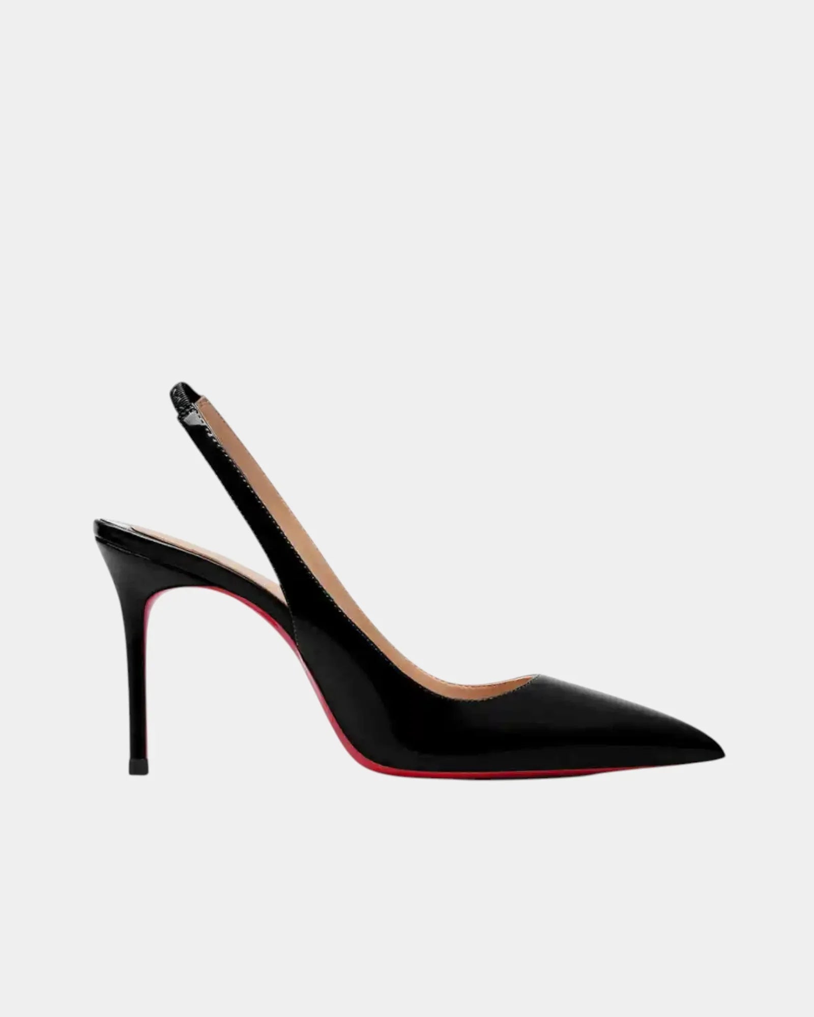 Shiny black pointed-toe slingback heels with high stiletto heel and visible red sole edge