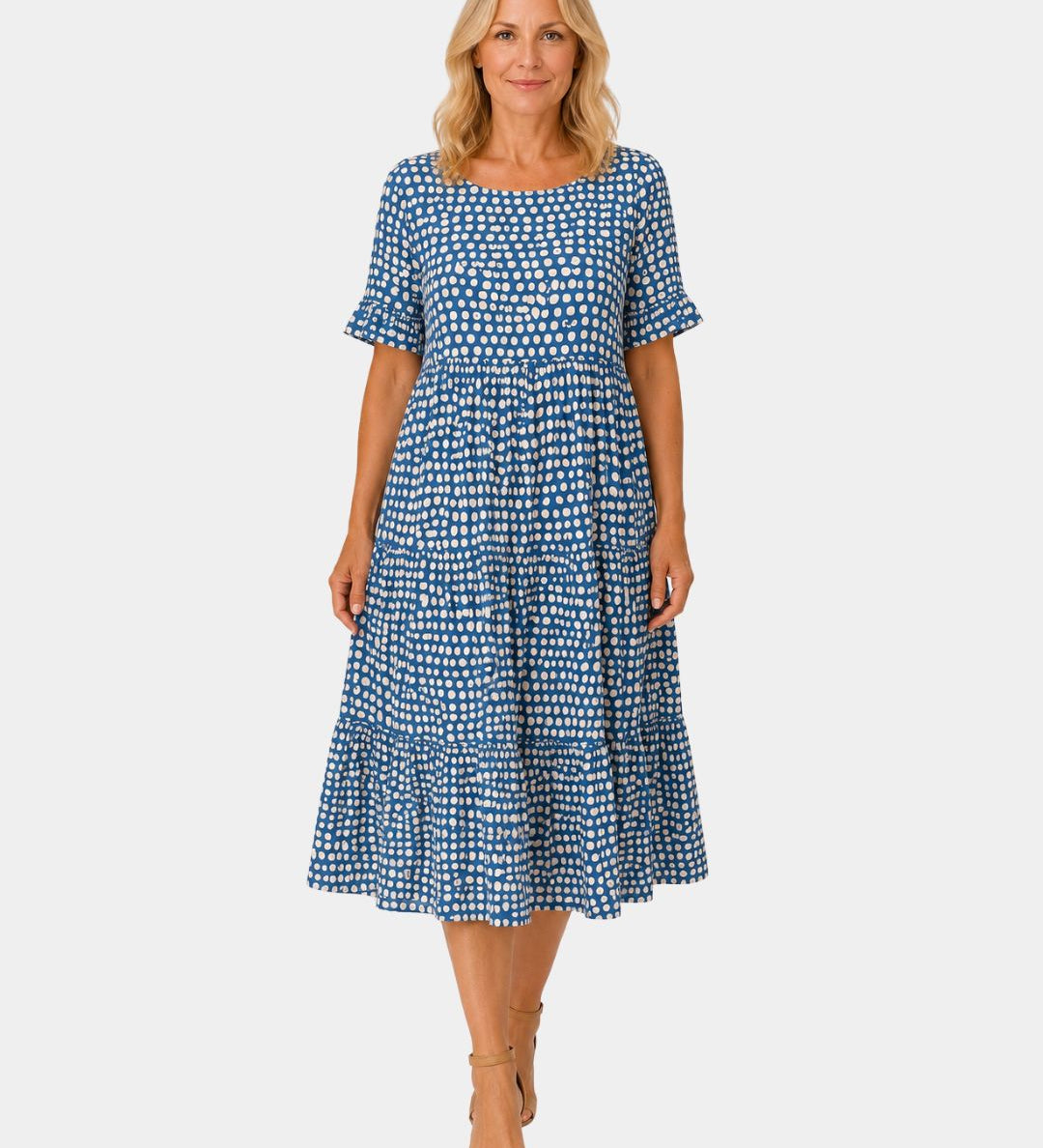 Blue polka dot lightweight dress with short sleeves and gathered scoop neck