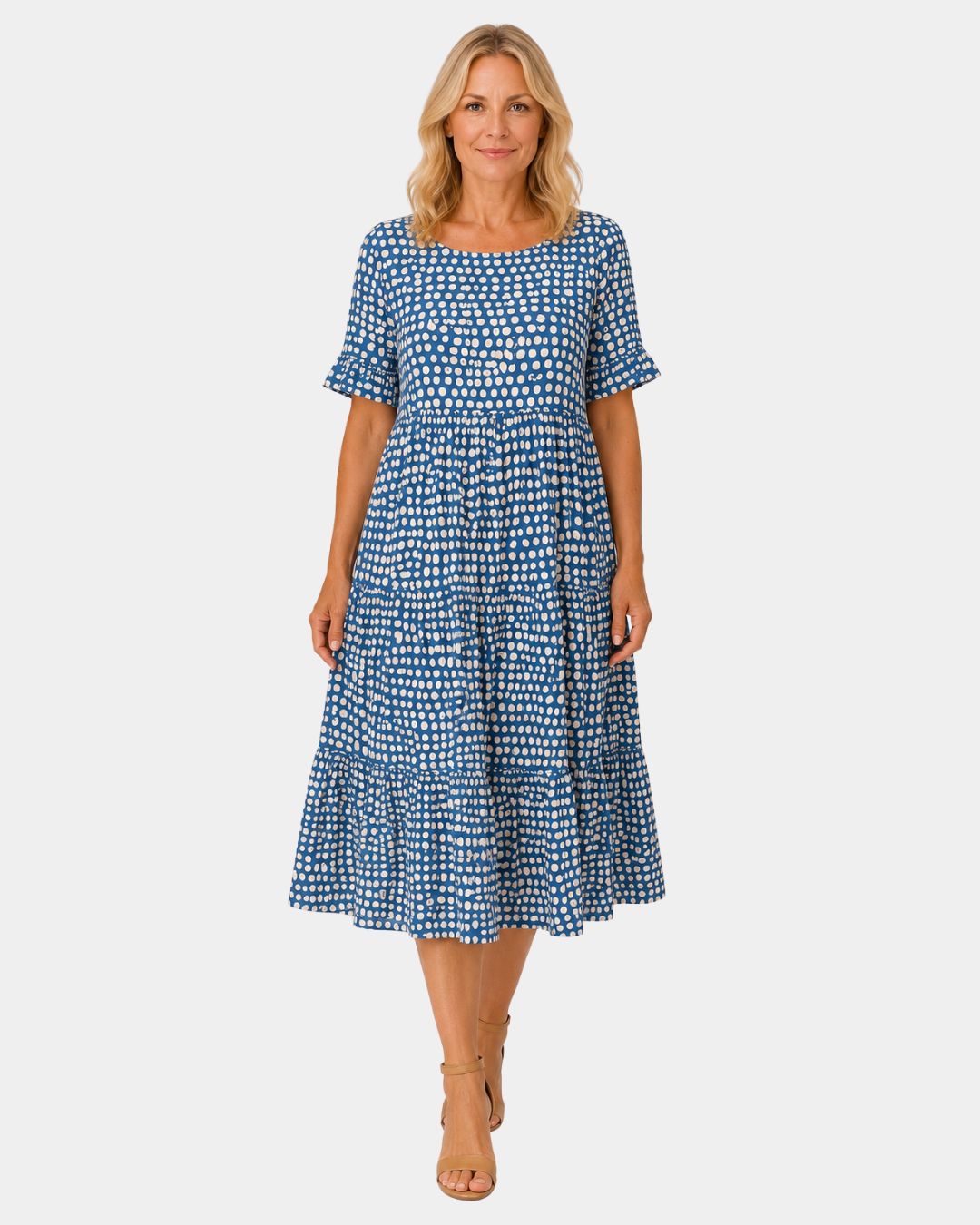 Blue polka dot lightweight dress with short sleeves and gathered scoop neck