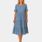 Blue polka dot lightweight dress with short sleeves and gathered scoop neck