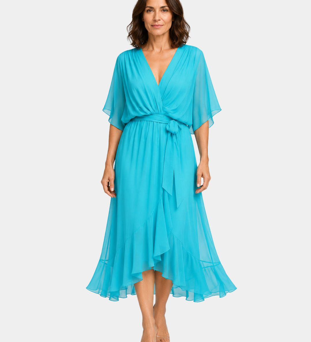 Turquoise chiffon V-neck wrap dress with tie waist, flutter sleeves and layered midi hem