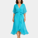 Turquoise chiffon V-neck wrap dress with tie waist, flutter sleeves and layered midi hem