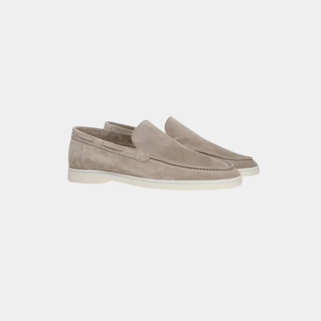 Taupe suede loafer shoes with moc toe and low white sole
