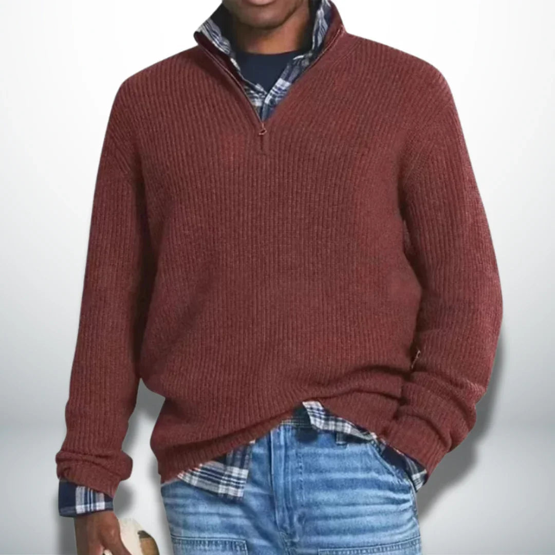 Burgundy knit quarter-zip sweater with ribbed cuffs and hem.