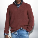 Burgundy knit quarter-zip sweater with ribbed cuffs and hem.