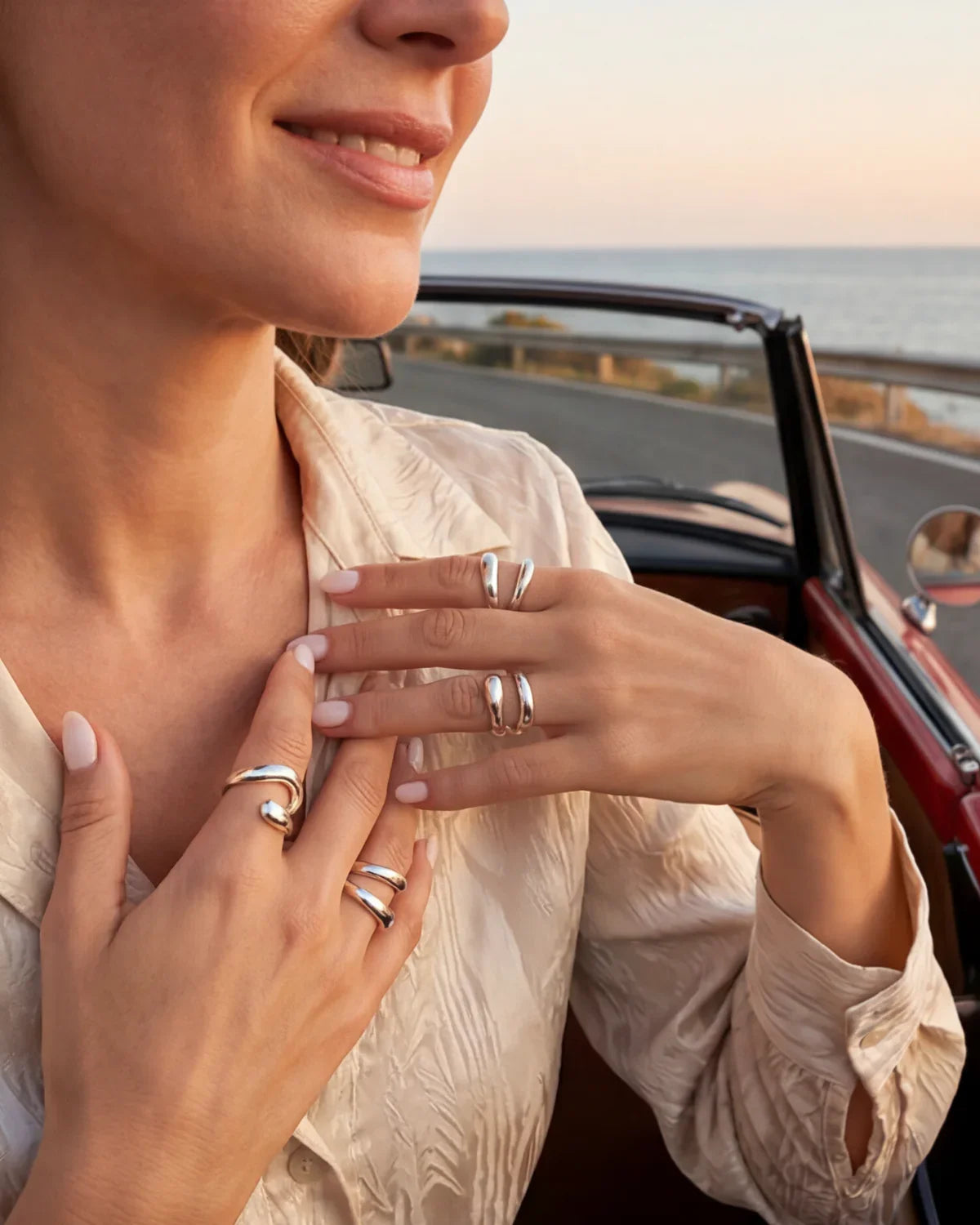 Silver open oval ring set, two stacked bands on finger, adjustable size
