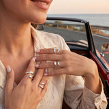 Silver open oval ring set, two stacked bands on finger, adjustable size