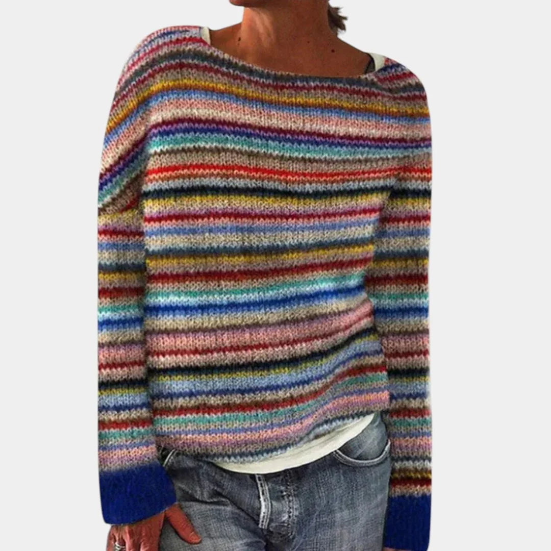 Multicolor striped knit sweater with crew neck, long sleeves, ribbed cuffs