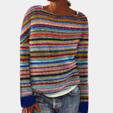 Multicolor striped knit sweater with crew neck, long sleeves, ribbed cuffs