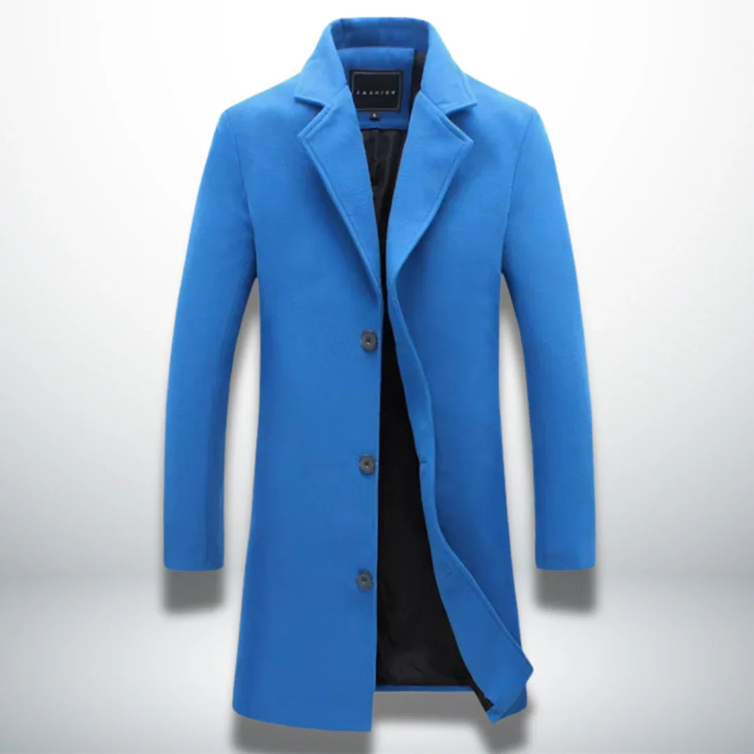Men's light blue single-breasted coat with notched lapels and four-button front