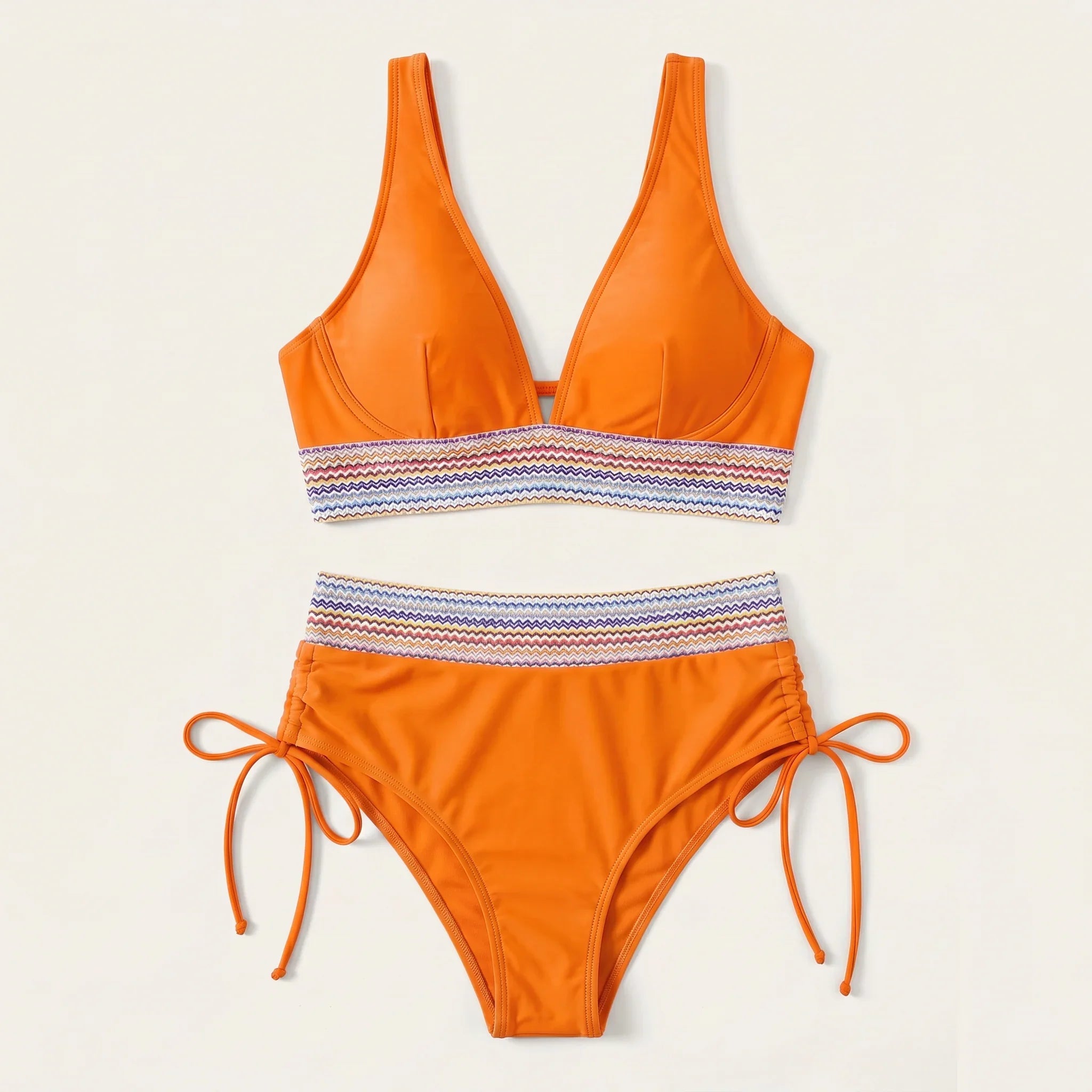 Orange two-piece swimsuit set: V-neck triangle top and high-waist tie-side bottoms with striped band.