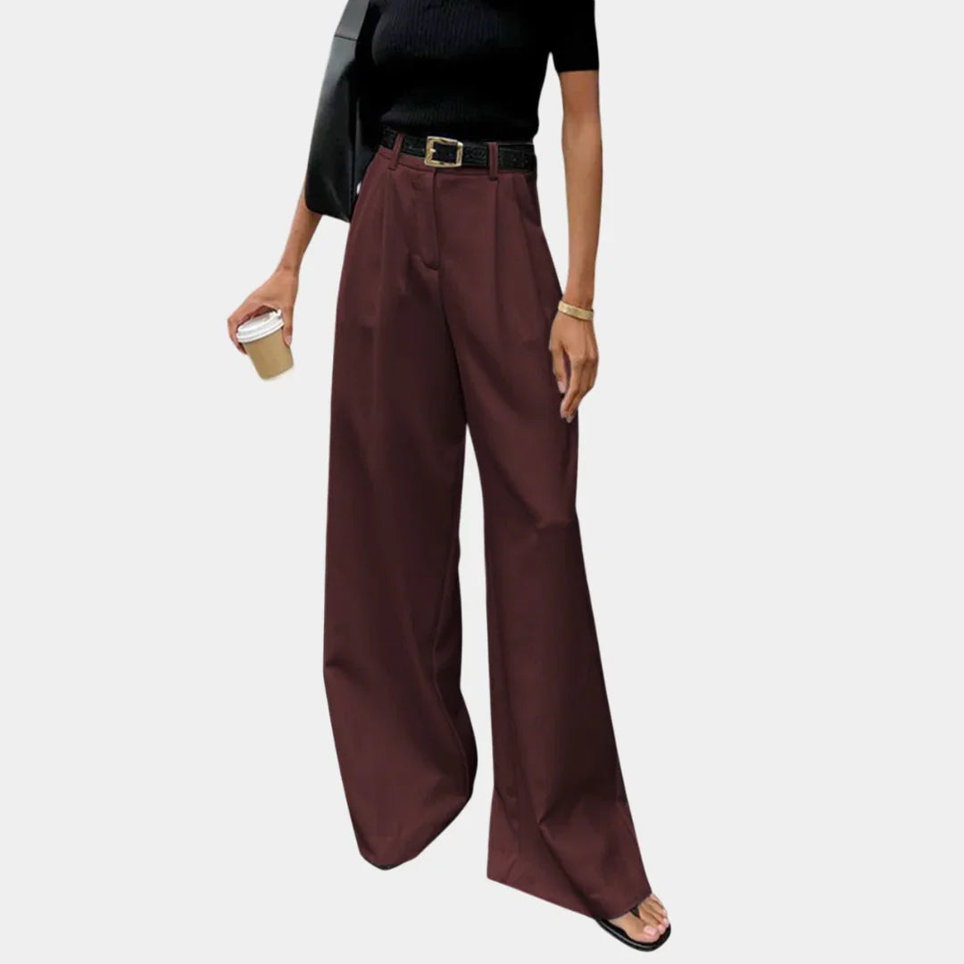 Burgundy solid wide-leg pants with high waist, pleats, and belt loops