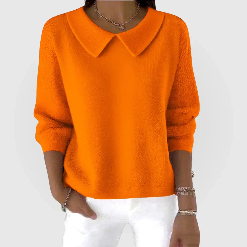 Orange classic sweater with collared V neckline, 3/4 sleeves