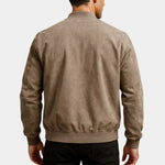 Suede bomber jacket in brown, back view with elastic cuffs