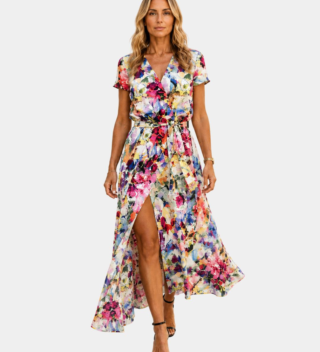Women's wrap V-neck midi dress, short sleeves, multicolor confetti floral print, tie waist