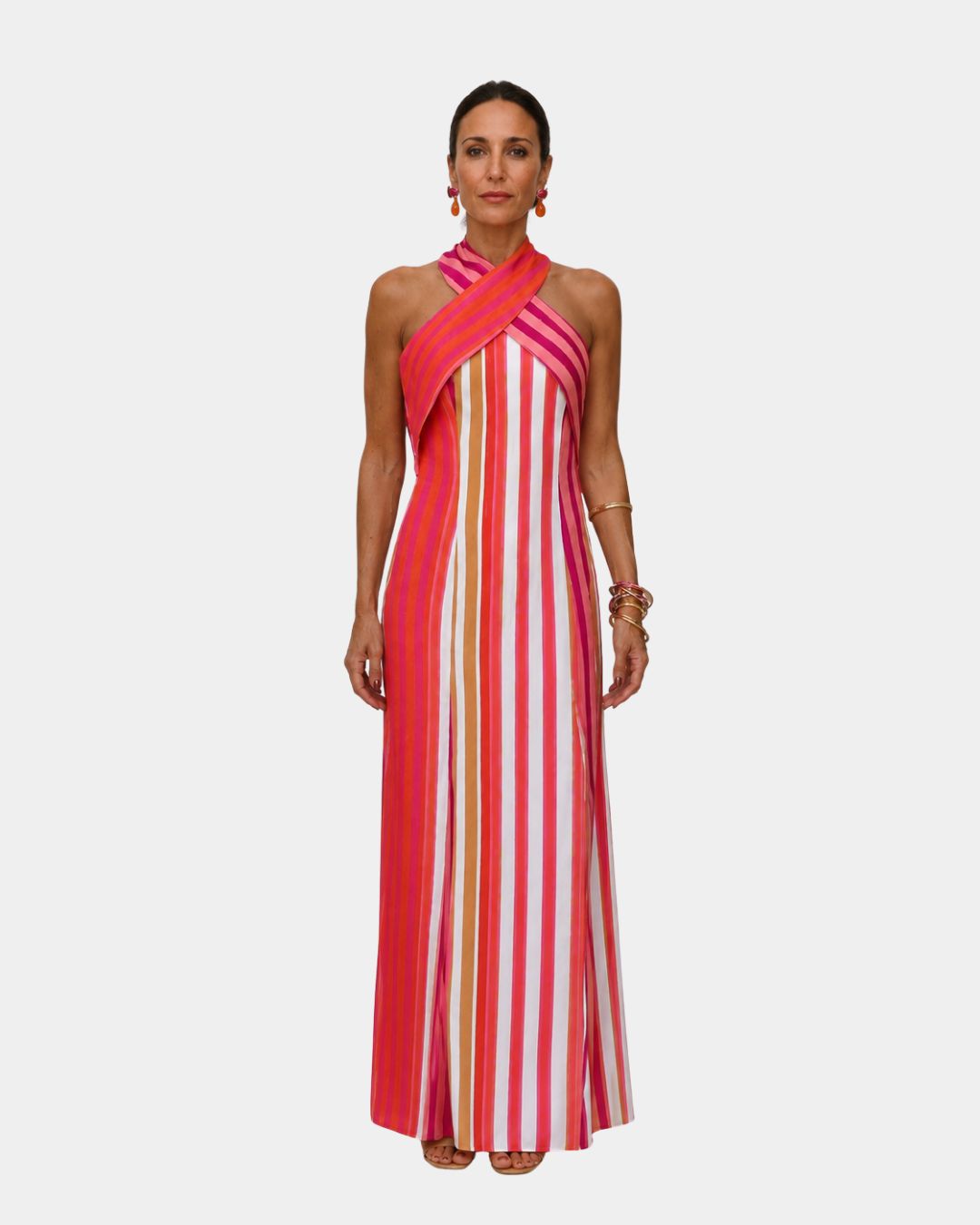 Pink and white striped cross-back halter maxi dress