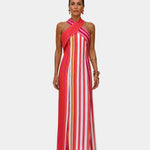 Pink and white striped cross-back halter maxi dress