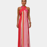 Pink and white striped cross-back halter maxi dress