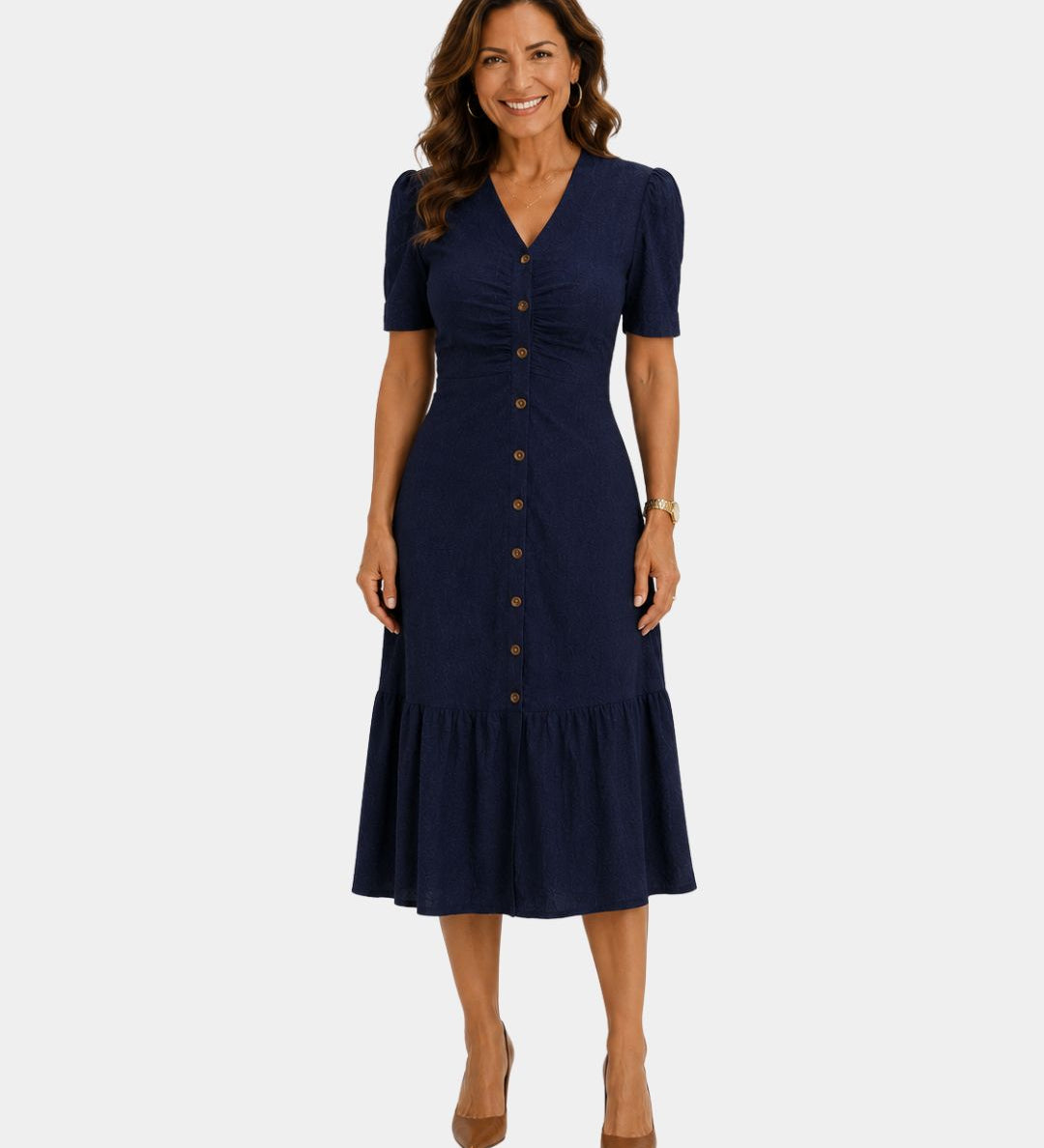 Lightweight shirt dress in navy, short sleeves, button front, gathered tiered skirt hem.