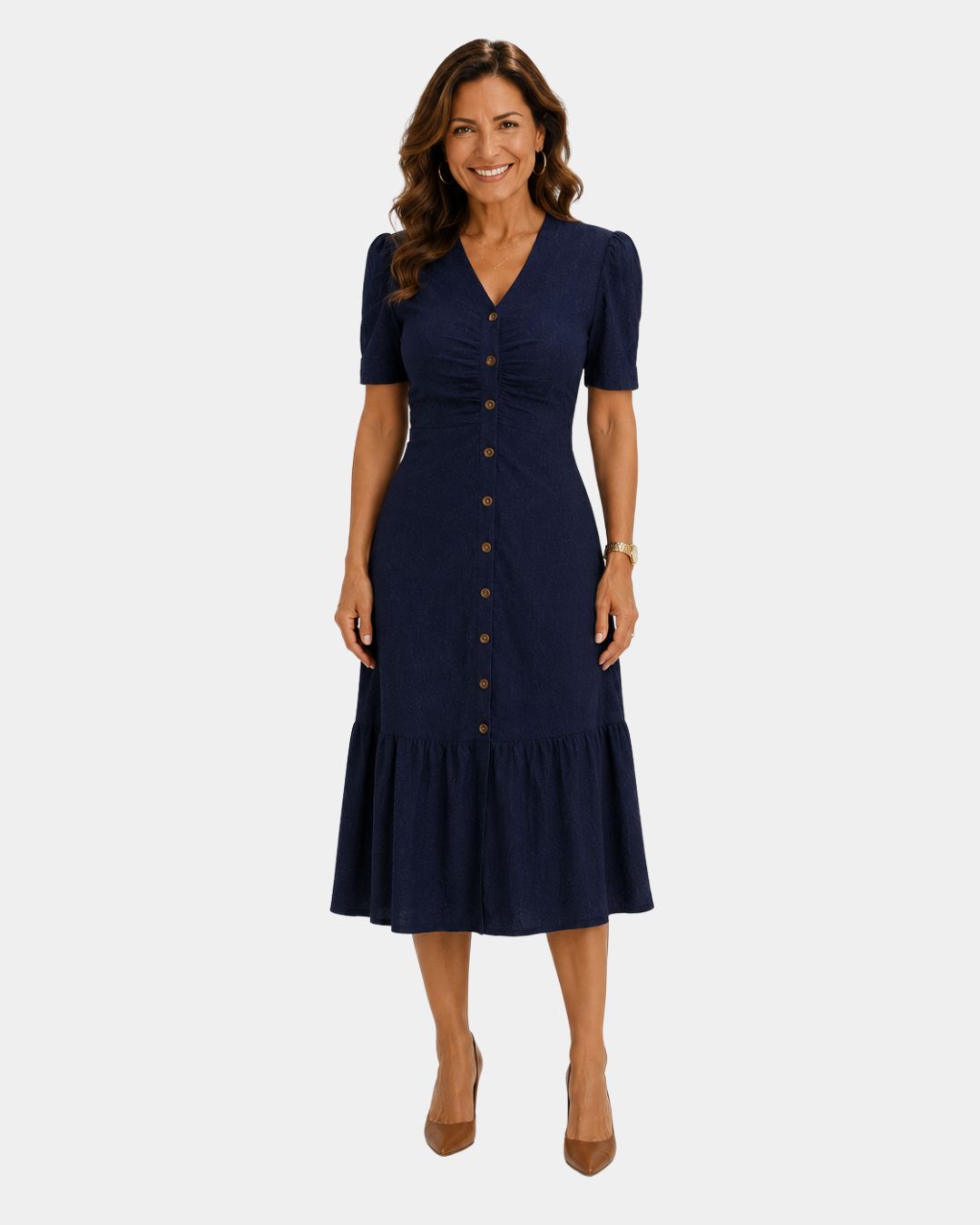 Lightweight shirt dress in navy, short sleeves, button front, gathered tiered skirt hem.