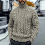 Khaki cable knit turtleneck sweater with twisted braided pattern, ribbed cuffs and hem.