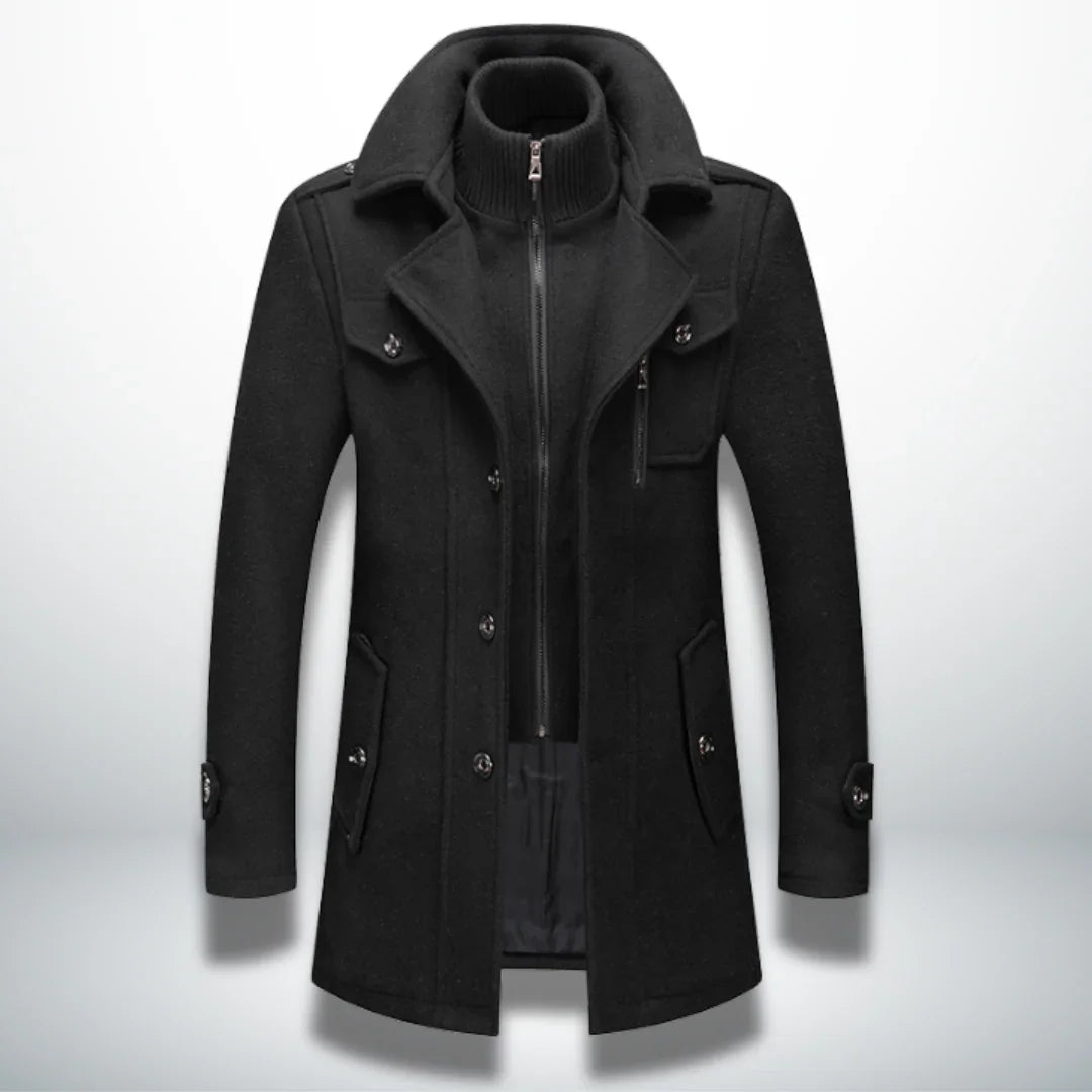 Black winter coat with stand collar, zip front, and flap pockets.