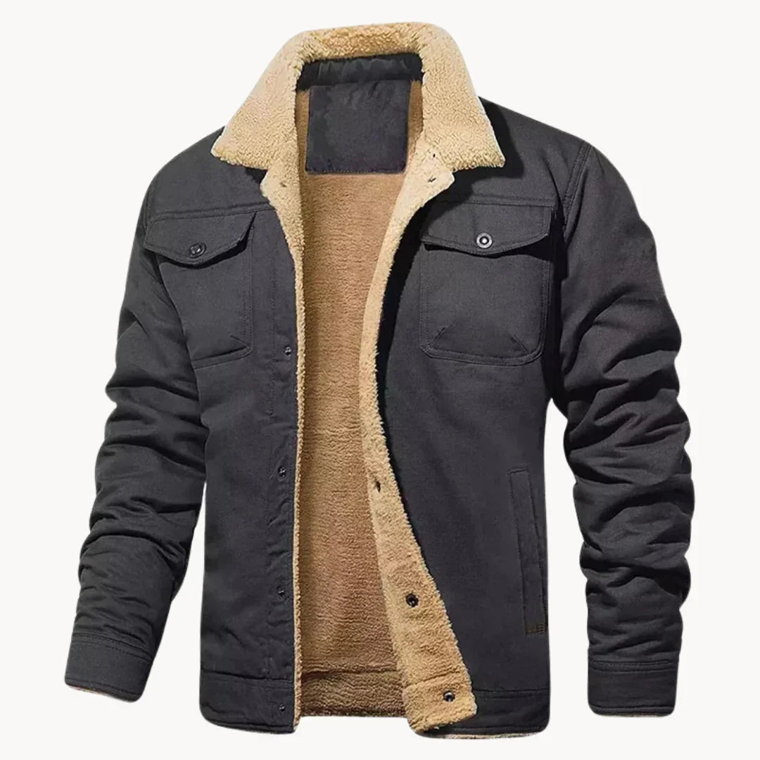 Black bomber jacket, sherpa-lined open front with flap chest pockets and button placket