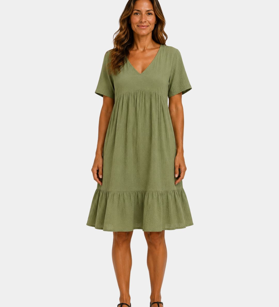 Green textured V-neck midi dress with short sleeves and tiered skirt