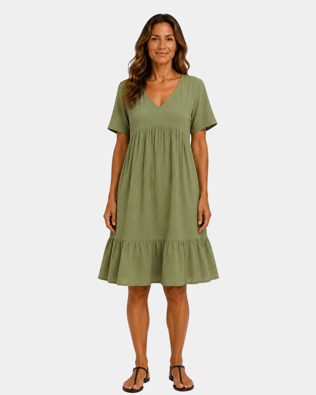 Green textured V-neck midi dress with short sleeves and tiered skirt
