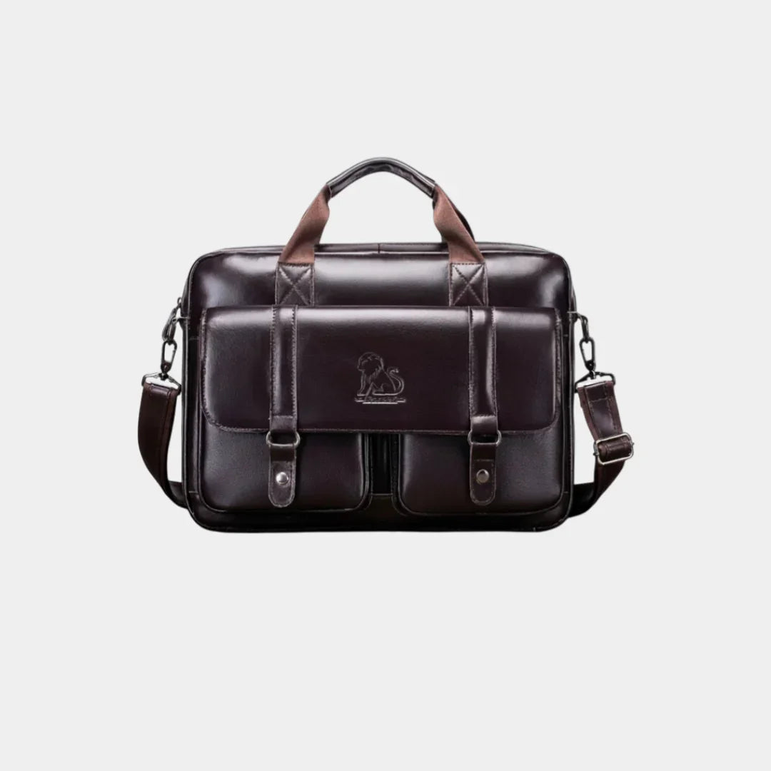 Dark brown leather briefcase with top handle, shoulder strap, and front flap organizer