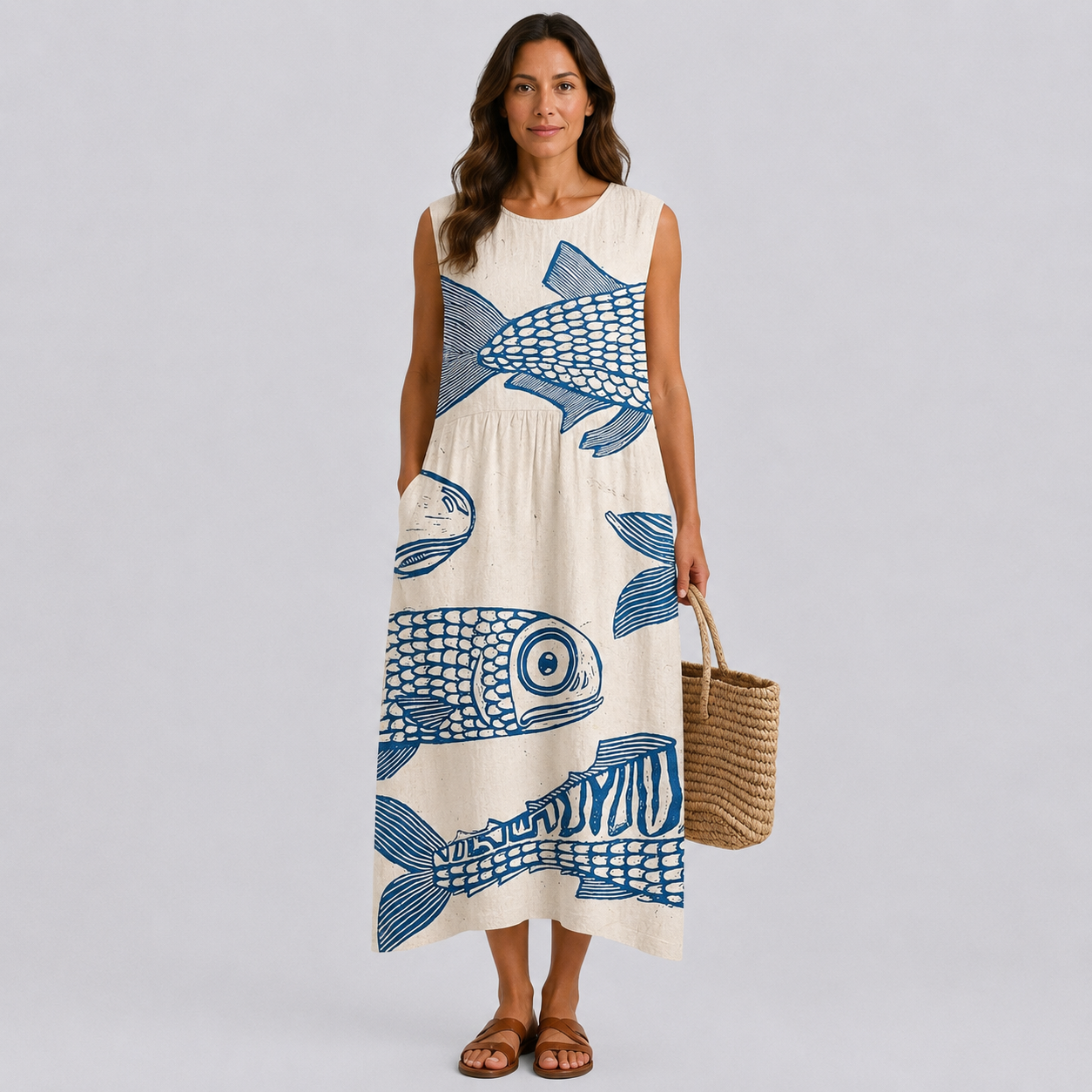 Sleeveless midi dress with blue fish print on light base