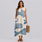 Sleeveless midi dress with blue fish print on light base