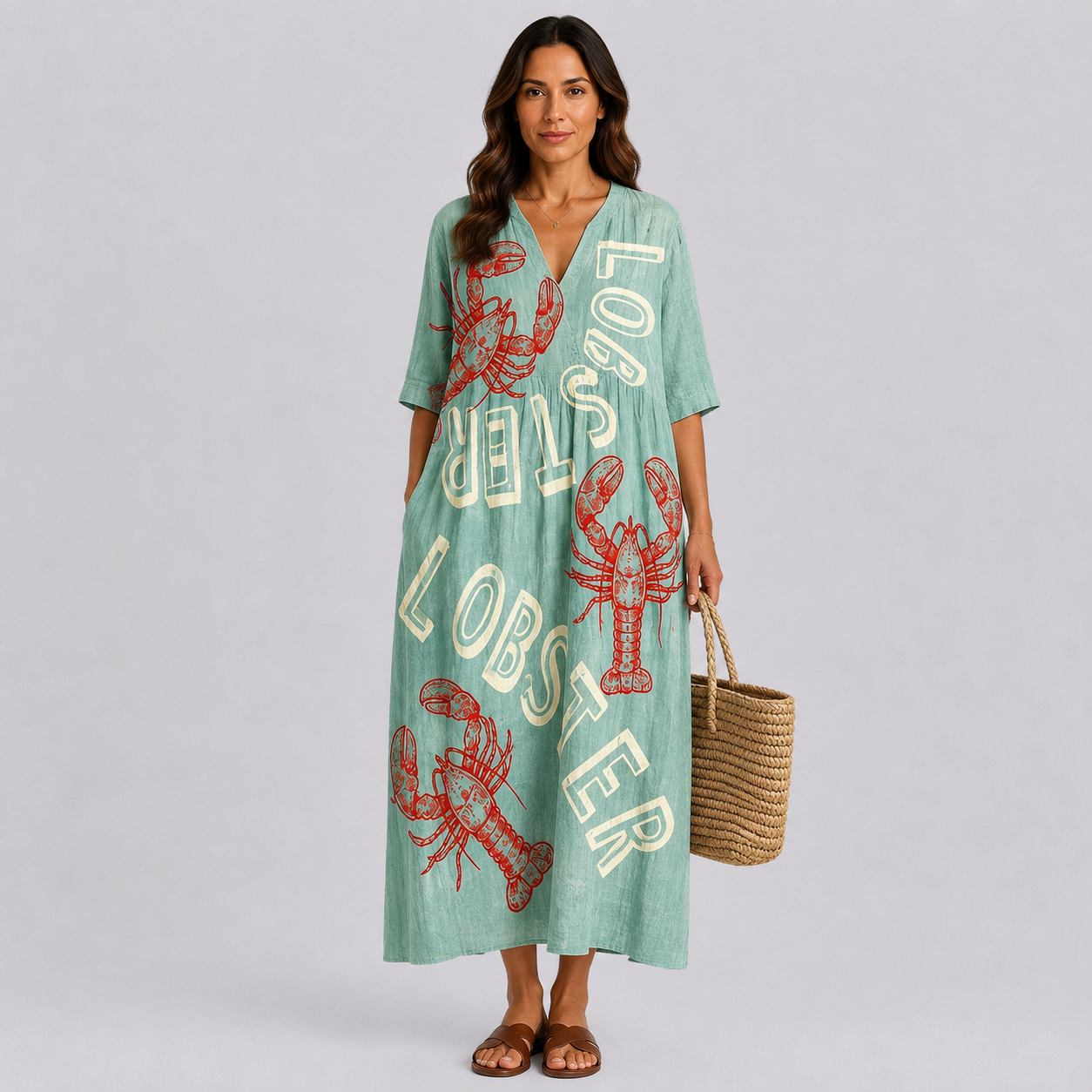 Teal V-neck midi summer dress with short sleeves and red lobster graphic print