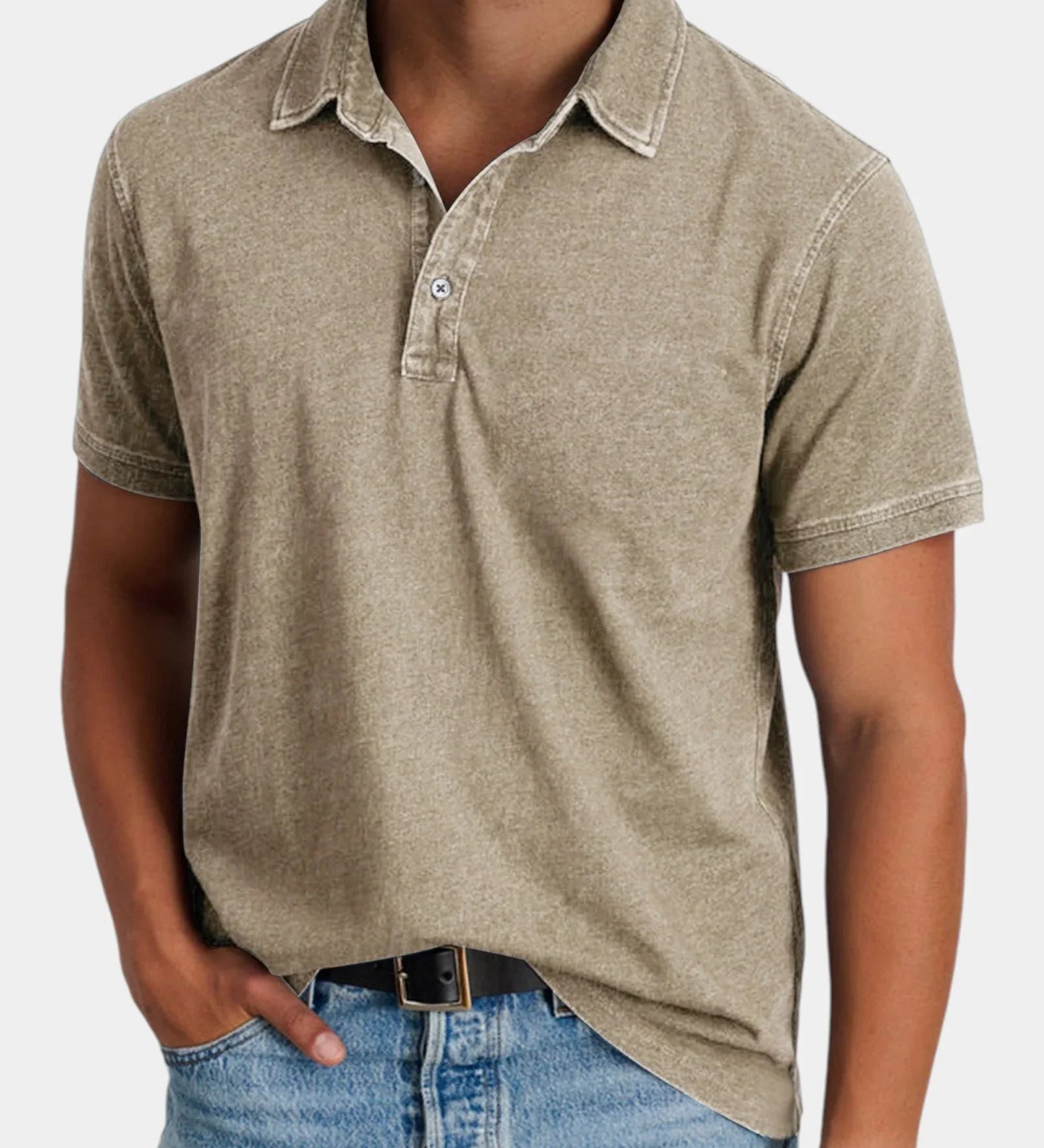 Khaki classic polo shirt with short sleeves, button placket, and collared neckline