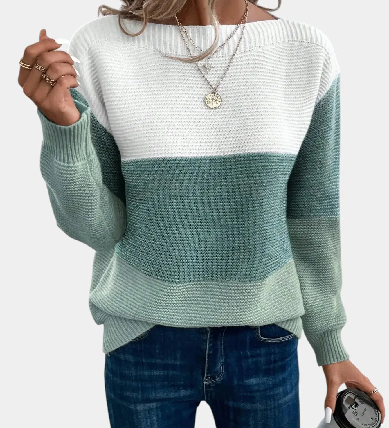 Two-tone knit pullover with crew neck, white upper to muted green gradient