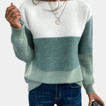 Two-tone knit pullover with crew neck, white upper to muted green gradient