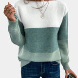 Two-tone knit pullover with crew neck, white upper to muted green gradient
